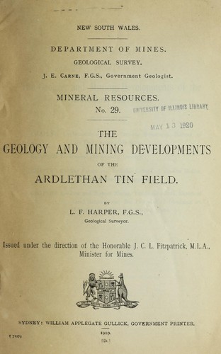Cover for The geology and mining developments of the Ardlethan tin field