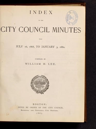 Cover for Index to the city council minutes from July 16, 1868, to Jan. 3, 1880
