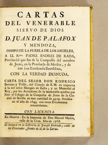 Cover for Cartas del venerable siervo de Dios D. Juan de Palafox y Mendoza, obispo de la Puebla de Los Angeles
