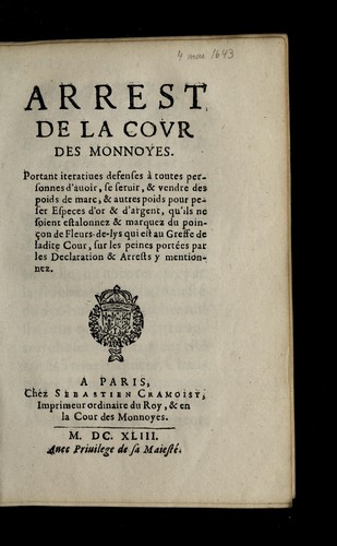 Cover for Arrest de la Covr des monnoyes