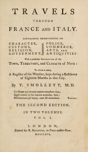 Cover for Travels through France and Italy. Containing observations on character, customs, religion, government, police, commerce, arts, and antiquities. With a particular description of the town, territory, and climate of Nice ...