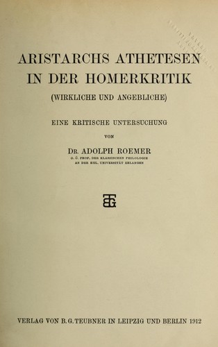Cover for Aristarchs athetesen in der Homerkritik (wirkliche und angebliche)