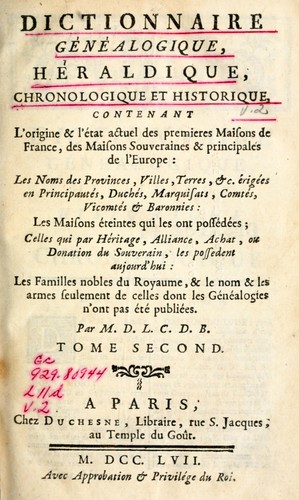 Cover for Dictionnaire généalogique, héraldique, chronologique et historique
