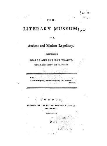 Cover for The Literary Museum; Or, Ancient and Modern Repository: Comprising Scarce and Curious Tracts ...