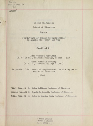 Cover for Persistence of errors in handwriting in grades six, eight and ten