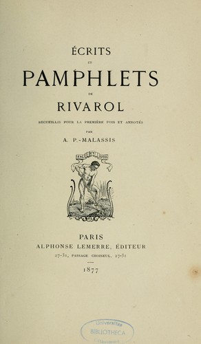 Cover for Écrits et pamphlets de Rivarol ...
