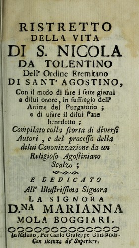 Cover for Ristretto della vita di s. Nicola da Tolentino dell'Ordine eremitano di sant'Agostino, con il modo di fare i sette giorni a dilui onore, in suffragio dell'anime del Purgatorio