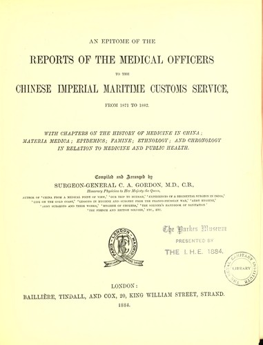 Cover for An epitome of the reports of the medical officers to the Chinese imperial maritime customs service, from 1871 to 1882