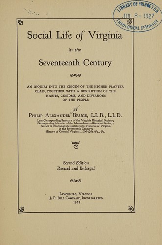 Cover for Social life of Virginia in the seventeenth century