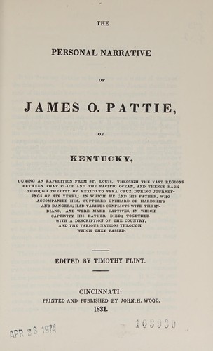 Cover for The  personal narrative of James O. Pattie of Kentucky.