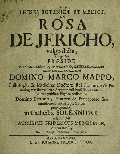 Cover for Theses botanicae et medicae de rosa de Jericho, vulgo dicta ...