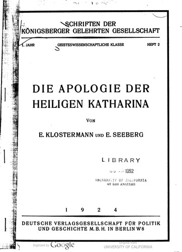 Cover for Die Apologie der Heiligen Katharina