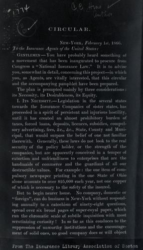 Cover for Circular ... To the insurance agents of the United States.
