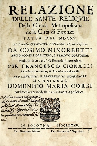 Cover for Relazione delle sante reliquie della Chiesa Metropolitana della città di Firenze