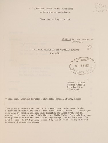 Cover for STRUCTURAL CHANGE IN THE CANADIAN ECONOMY, 1961-1971