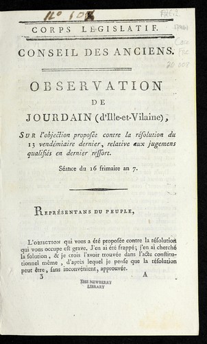 Cover for Observation de Jourdain (d'Ille-et-Vilaine), sur l'objection propose e contre la re solution du 13 vende miaire dernier, relative aux jugemens qualifie s en dernier ressort