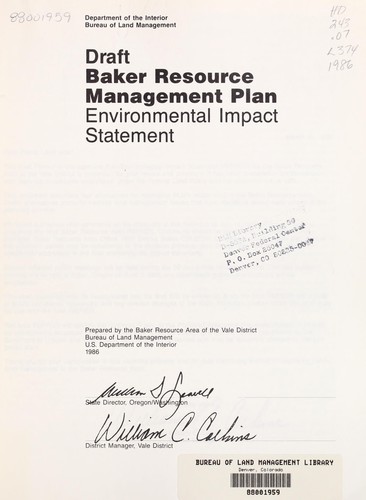 Cover for Baker resource management plan
