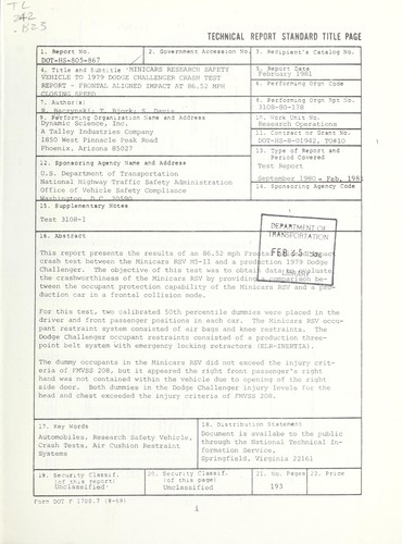 Cover for Minicars research safety vehicle to 1979 Dodge Challenger crash test report