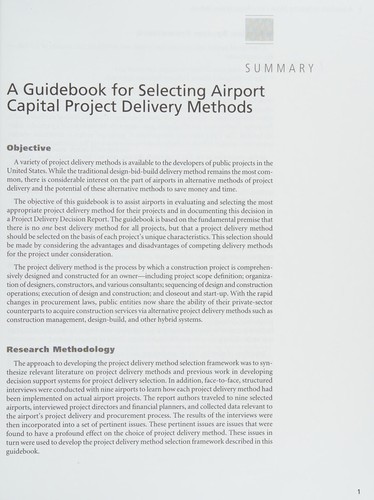 Cover for A guidebook for selecting airport capital project delivery methods