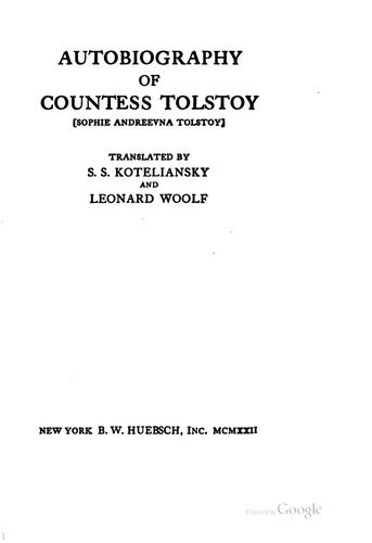 Cover for Autobiography of Countess Tolstoy [Sophie Andreevna Tolstoy]