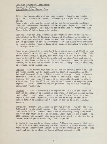 Cover for MICROFICHE INDEX - CANADIAN TRANSPORT COMMISSION RESEARCH PUBLICATIONS