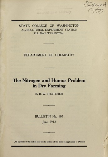 Cover for The nitrogen and humus problem in dry farming