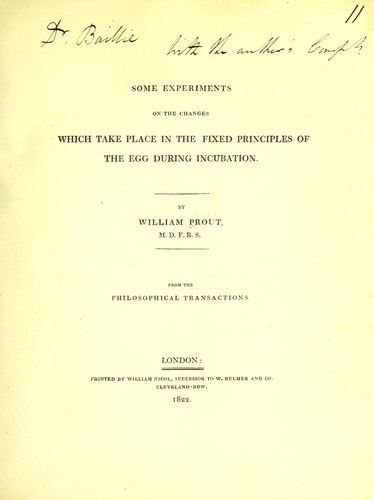 Cover for Some experiments on the changes which take place in the fixed principles of the egg during incubation