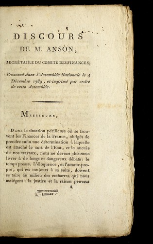Cover for Discours de M. Anson, secre taire du Comite  des finances, prononce  dans l'Assemble e nationale le 4 de cembre 1789, et imprime  par ordre de cette Assemble e.