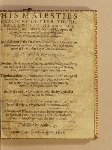 Cover for His Maiesties gracious letter to the Earle of South-Hampton, treasurer, and to the councell and Company of Virginia heere