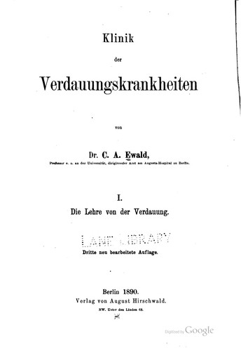 Cover for Klinik der Verdauungskrankheiten. v.1, 1890