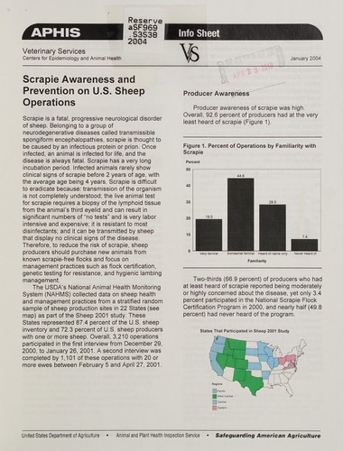 Cover for Scrapie awareness and prevention on U.S. sheep operations
