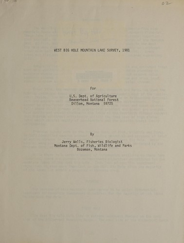 Cover for West Big Hole mountain lake survey, 1981