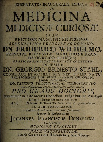 Cover for Dissertatio inauguralis medica de medicina medicinae curiosae ...