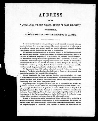 Cover for Address of the Association for the Encouragement of Home Industry of Montreal