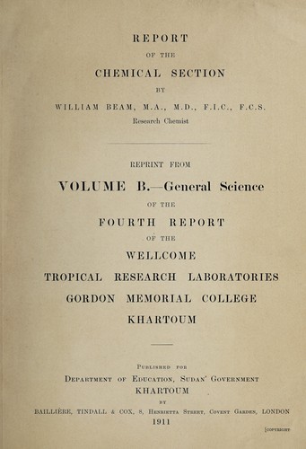 Cover for Report of the chemical section, reprint from Volume B. -- General science -- of the fourth Report of the Wellcome Tropical Research Laboratories, Gordon Memorial College, Khartoum