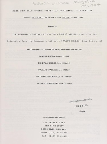 Cover for 27th mail bid sale of numismatic literature, featuring the numismatic library of the late Donald Miller, selections from the numismatic library of Wayne Homren, [etc.] ...