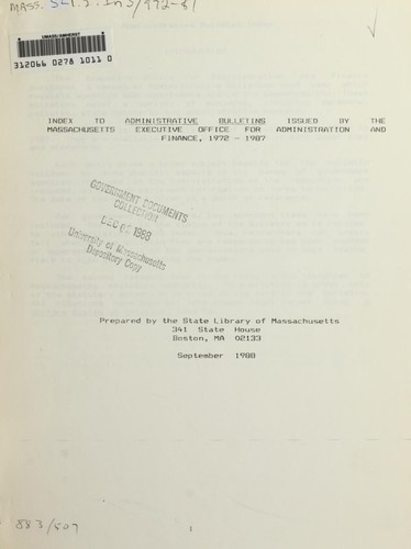 Cover for Index to Administrative bulletins issued by the Massachusetts Executive Office for Administration and Finance, 1972-1987