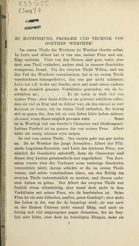Cover for Zu Entstebung, Problem und Technik von Goethes 'Werther'