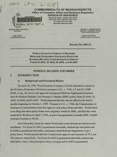 Cover for World Insurance Company's proposed Medicare Supplement Insurance rates for Bankers Multiple Lines [sic] Insurance Company