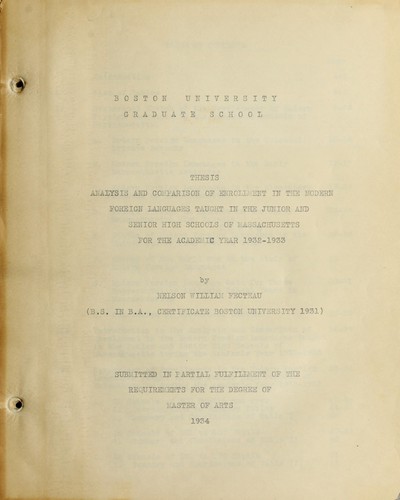 Cover for Analysis and comparison of enrollment in the modern foreign languages taught in the junior and senior high schools of Massachusetts for the academic year 1932-1933