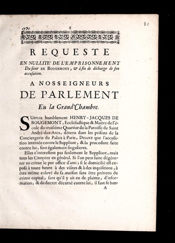 Cover for Requeste en nullite  de l'emprisonnement du Sieur de Rougemont