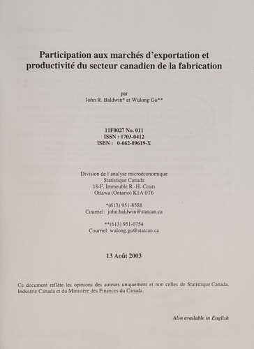 Cover for Participation aux marchés d'exportation et productivité du secteur canadien de la fabrication