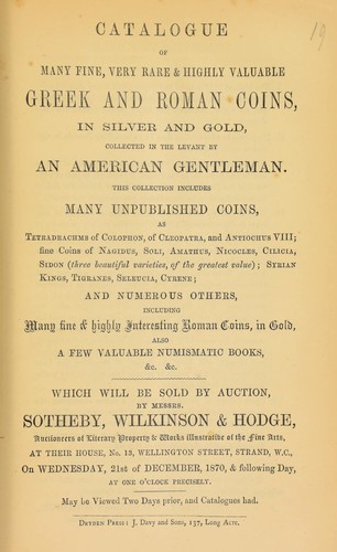 Cover for Catalogue of many fine, very rare and highly valuable Greek and Roman coins, in silver and gold, collected in the Levant by an American gentleman ... [which] includes many unpublished coins, [such] as tetradrachms of Colophon, of Cleopatra, and Antiochus VIII, [etc.] ...