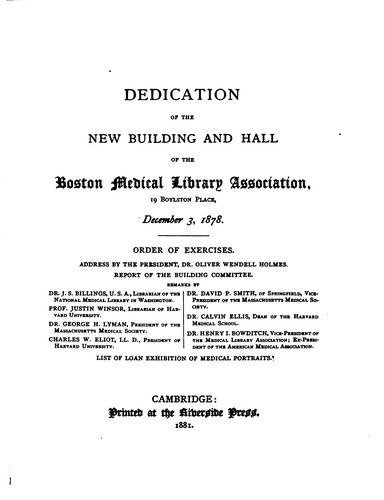 Cover for Dedication of the new building and hall of the Boston Medical Library Association, 19 Boylston Place, December 3, 1878