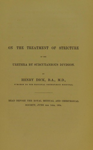 Cover for On the treatment of stricture of the urethra by subcutaneous division
