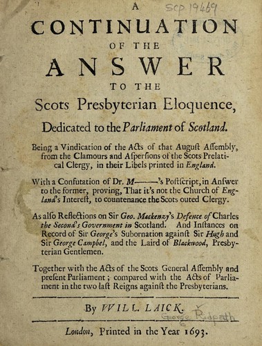 Cover for A continuation of the Answer to The Scots Presbyterian eloquence