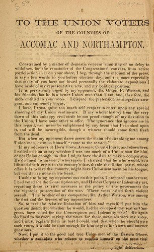 Cover for To the Union voters of the counties of Accomac and Northampton