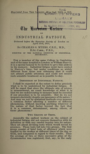Cover for The Harveian lecture on industrial fatigue