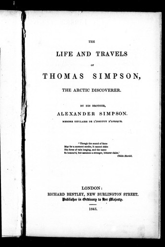 Cover for The life and travels of Thomas Simpson, the Arctic discoverer