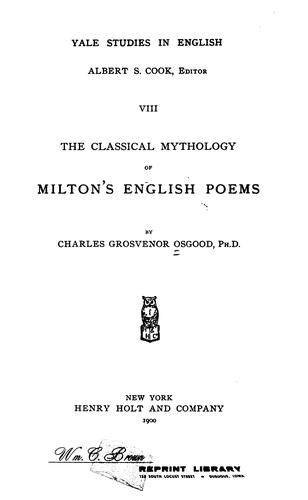 Cover for The classical mythology of Milton's English poems